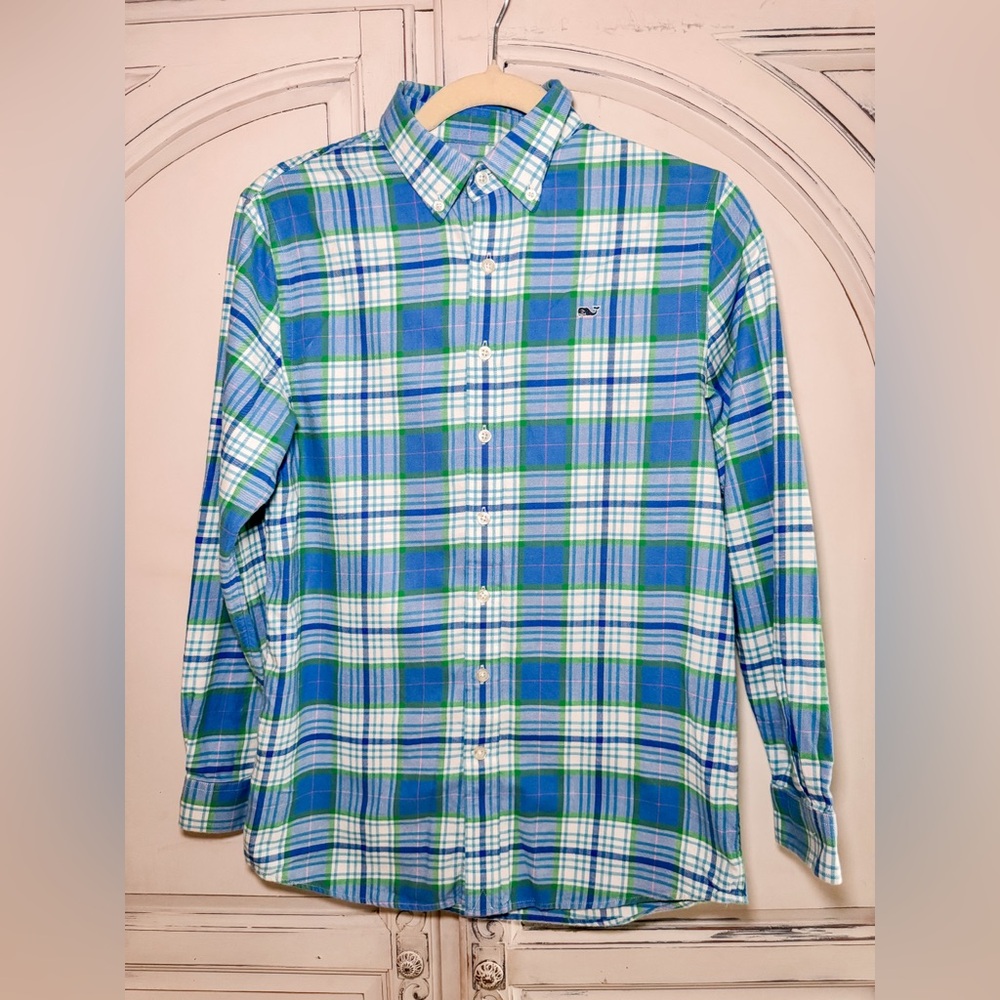 Vineyard Vines Boys Flannel Large Blue and Green Plaid Whale Shirt